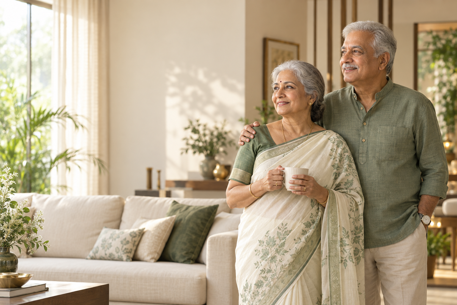 Confident Indian senior couple at home
