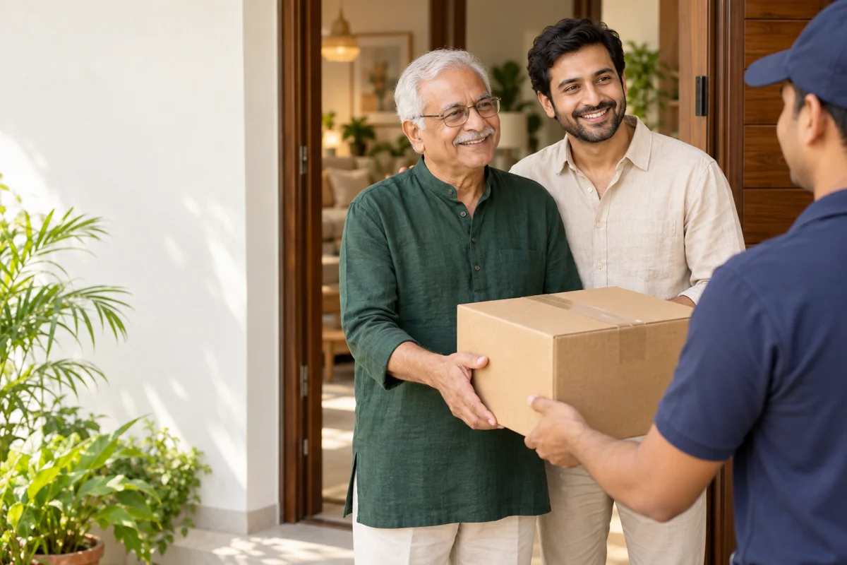 Indian senior man and his son receiving a home-delivery parcel