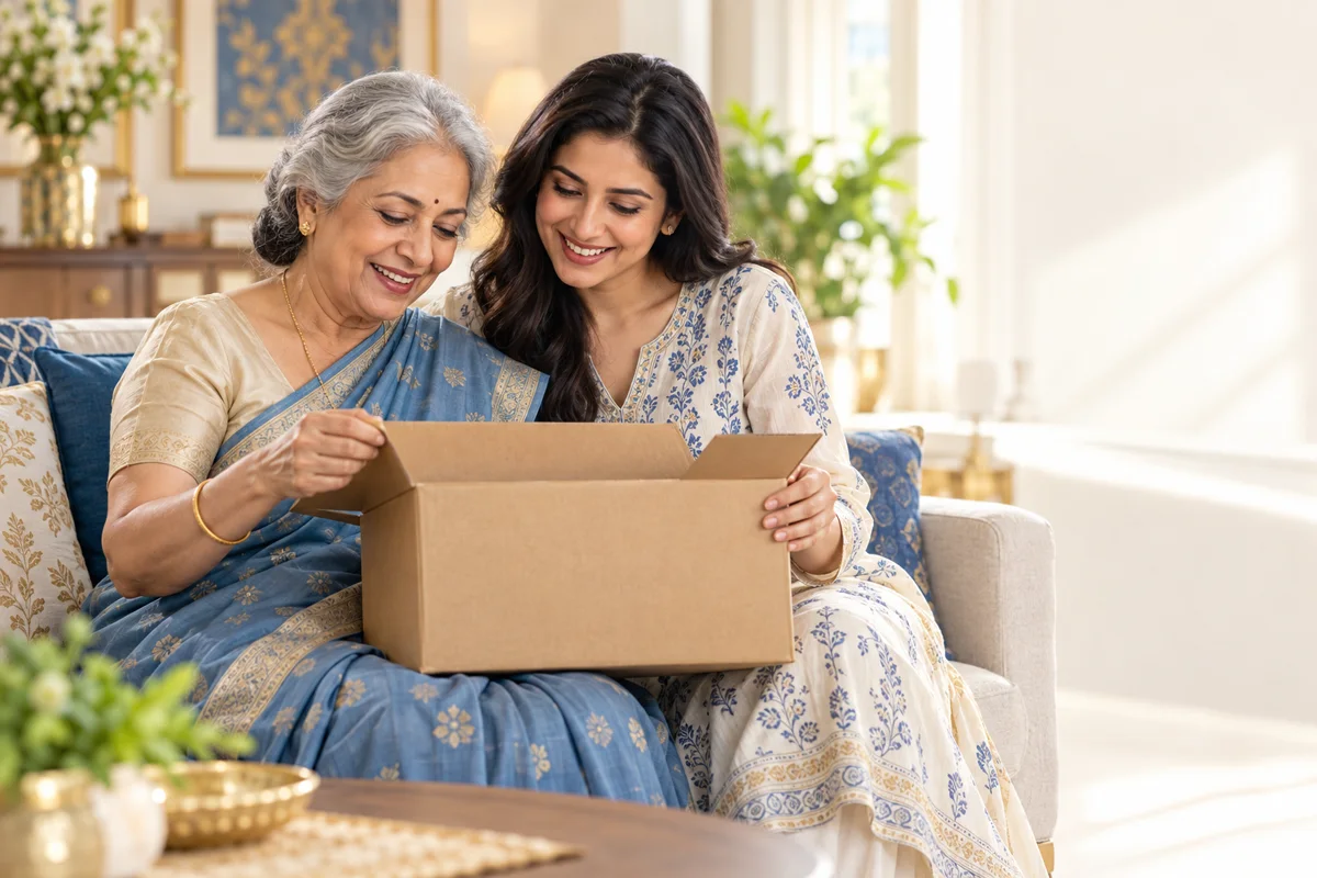 Indian senior woman and her daughter opening a home-delivery parcel